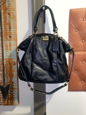 Coach Black Leather Shoulder Satchel with Gold Hardware